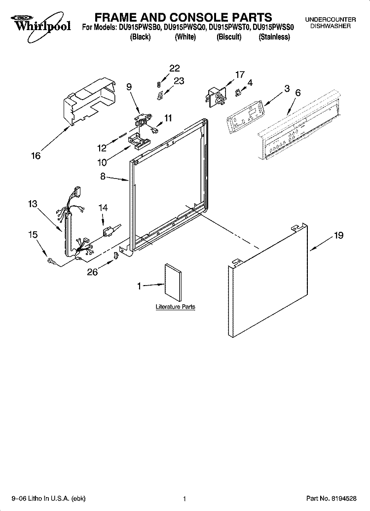 FRAME AND CONSOLE PARTS Diagram and Parts List for DU915PWSS0  Whirlpool Dishwasher