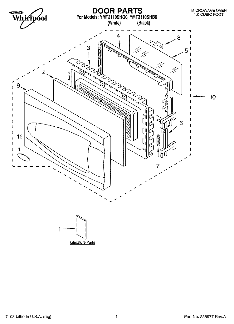 DOOR PARTS Diagram and Parts List for YMT3110SHB0  Whirlpool Microwave