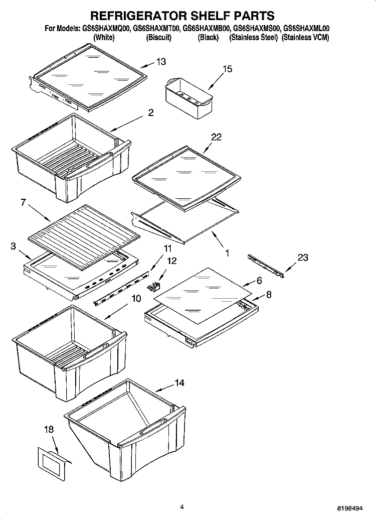 REFRIGERATOR SHELF PARTS Diagram and Parts List for GS6SHAXMT00  Whirlpool Refrigerator