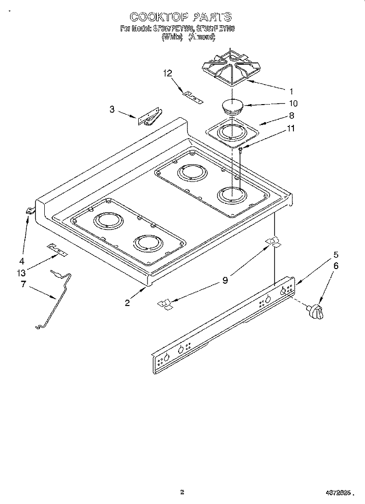 COOKTOP Diagram and Parts List for SF387PEYW8  Whirlpool Range