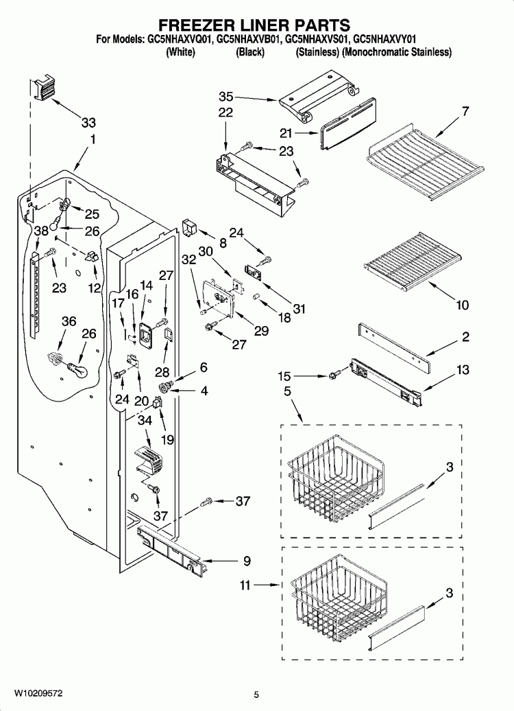 FREEZER LINER PARTS Diagram and Parts List for GC5NHAXVB01  Whirlpool Refrigerator