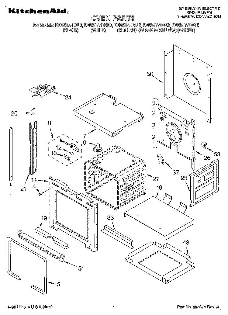 OVEN Diagram and Parts List for KEBS177DWH6  KitchenAid Wall Oven
