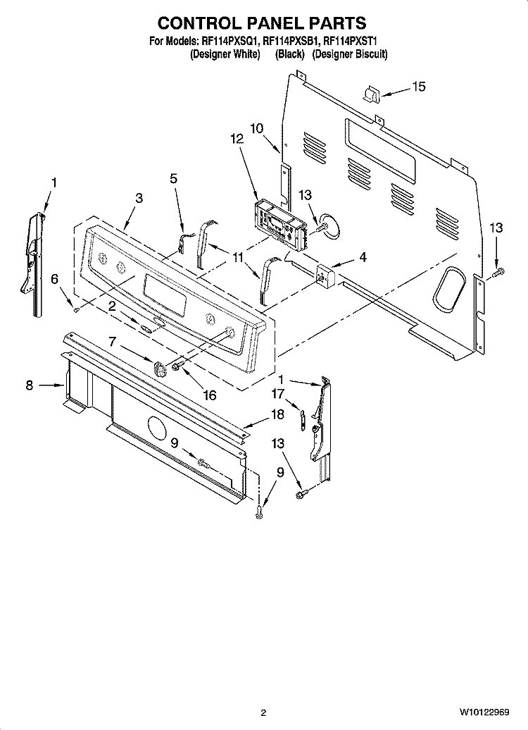 CONTROL PANEL PARTS Diagram and Parts List for RF114PXSB1  Whirlpool Range