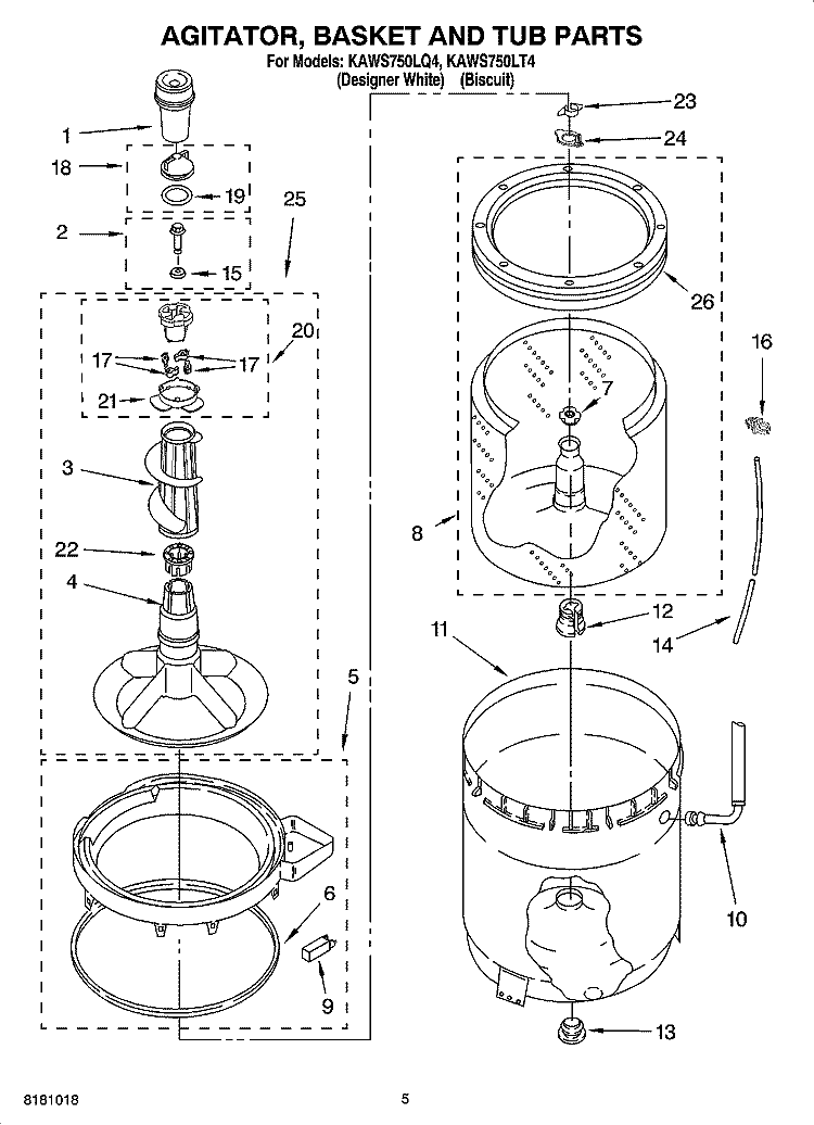 AGITATOR, BASKET AND TUB PARTS Diagram and Parts List for KAWS750LT4  KitchenAid Washer