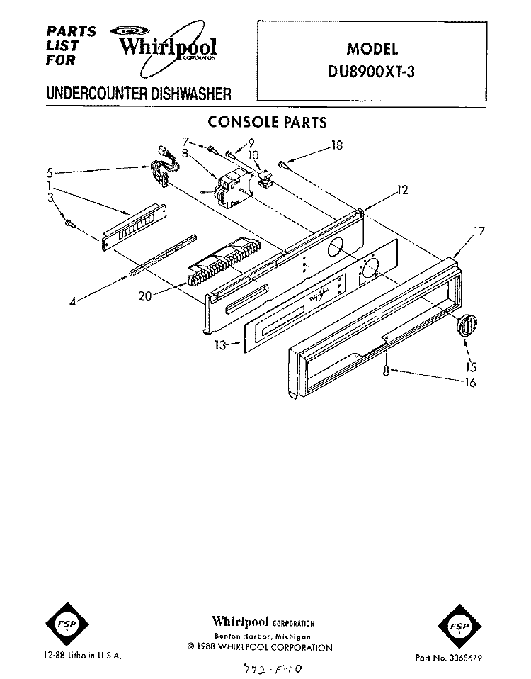 CONSOLE Diagram and Parts List for DU8900XT3  Whirlpool Dishwasher