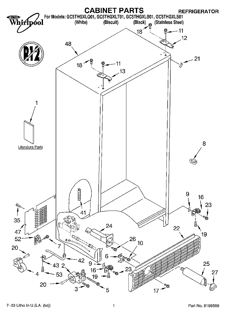 CABINET PARTS Diagram and Parts List for GC5THGXLB01  Whirlpool Refrigerator
