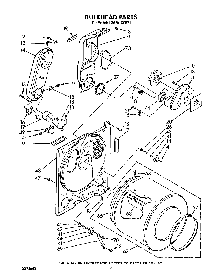 BULKHEAD Diagram and Parts List for LG9201XWN1  Whirlpool Dryer