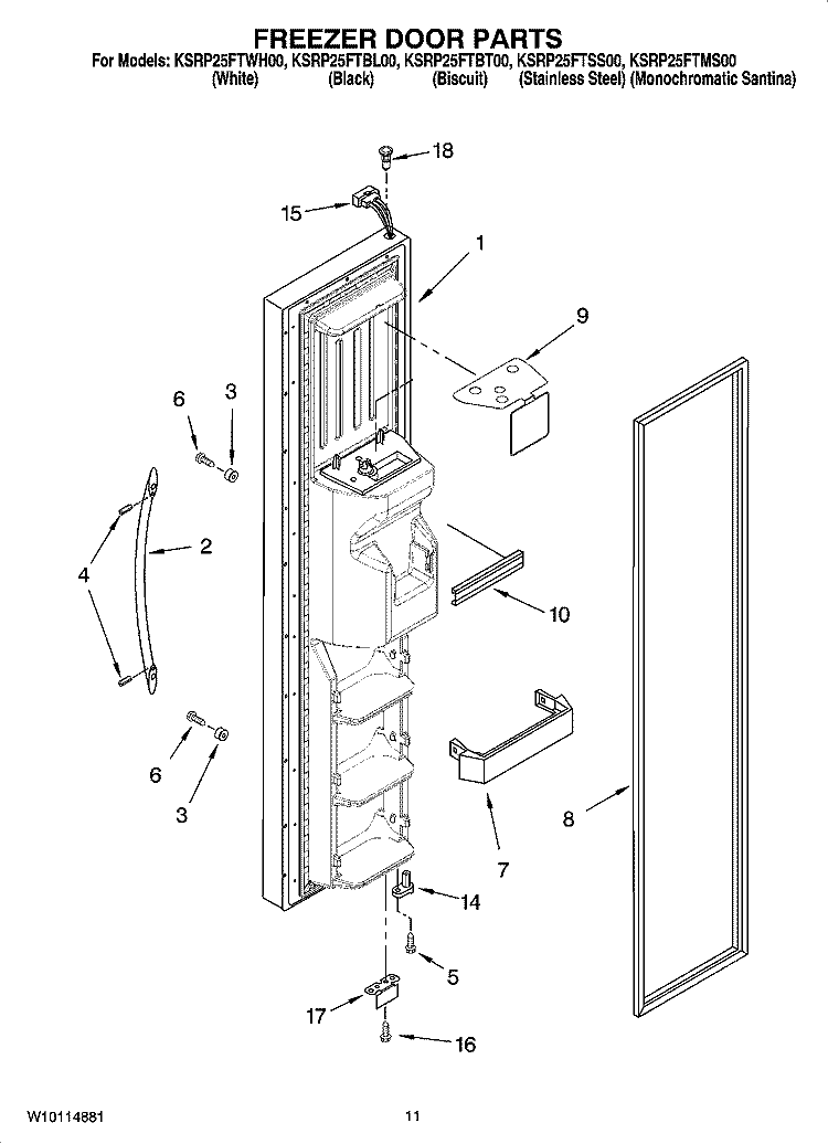 FREEZER DOOR PARTS Diagram and Parts List for KSRP25FTWH00  KitchenAid Refrigerator