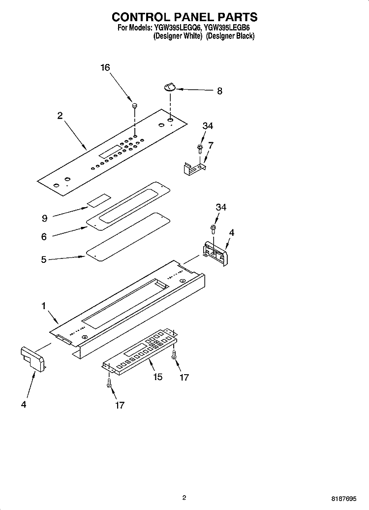 CONTROL PANEL PARTS Diagram and Parts List for YGW395LEGQ6  Whirlpool Range
