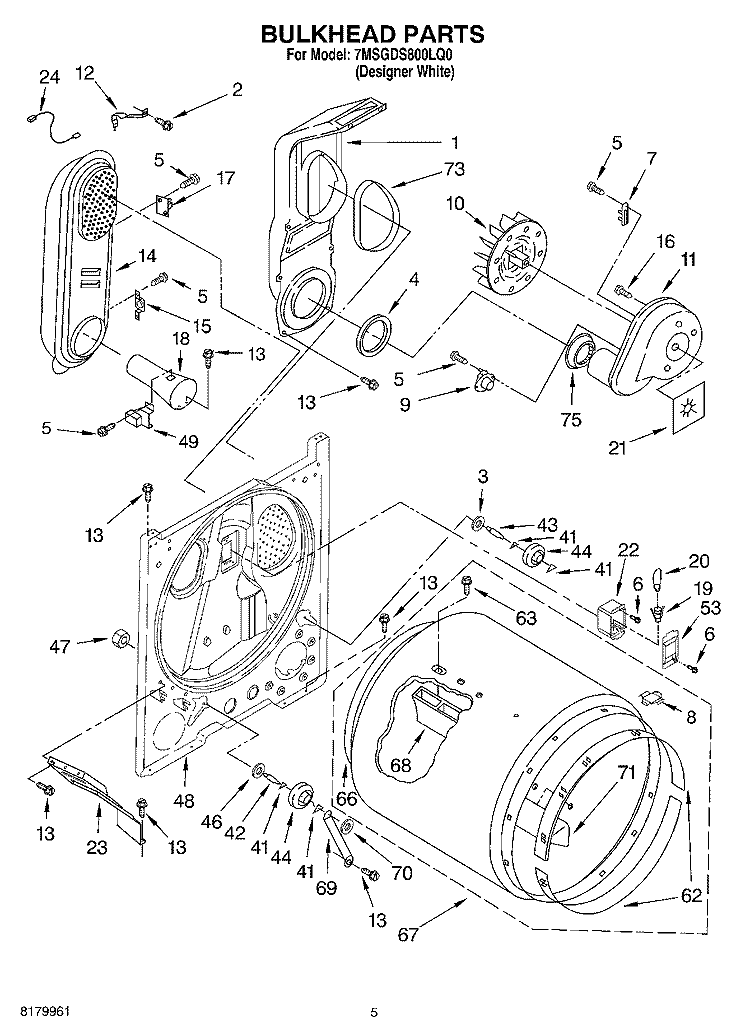 BULKHEAD PARTS Diagram and Parts List for 7MSGDS800LQ0  Whirlpool Dryer