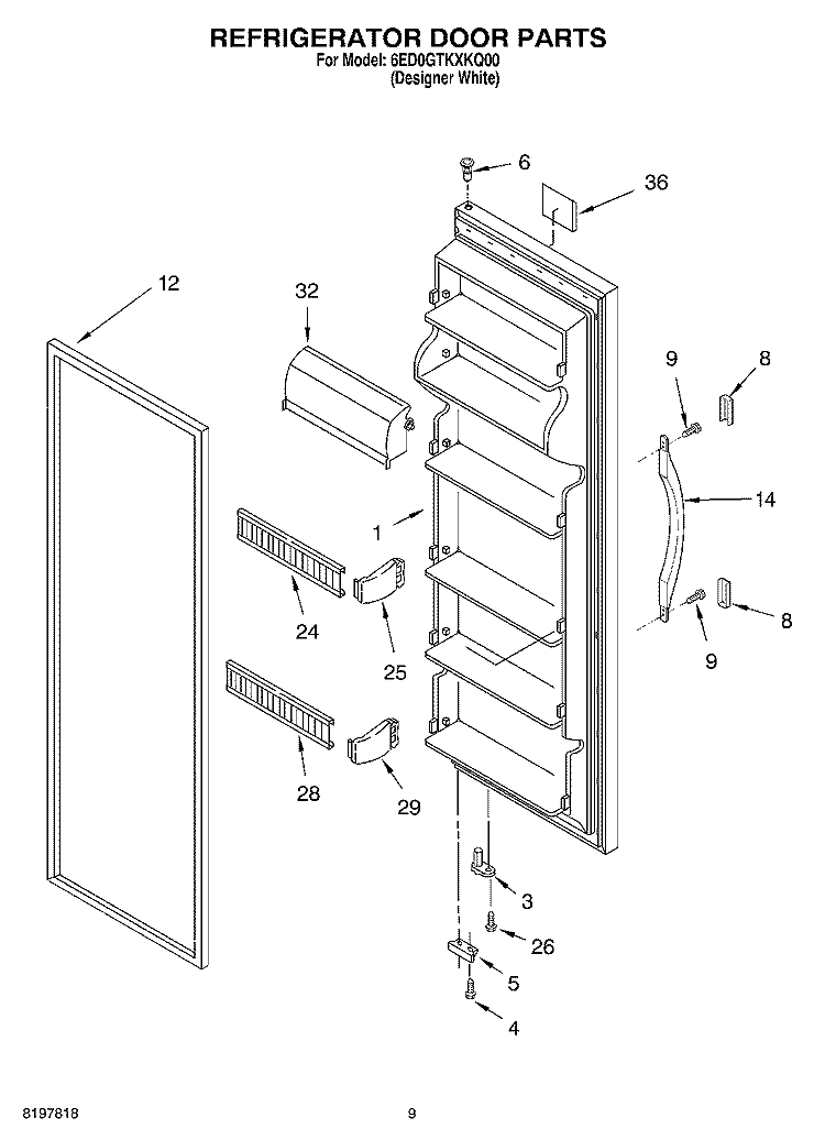 REFRIGERATOR DOOR Diagram and Parts List for 6ED0GTKXKQ00  Whirlpool Refrigerator