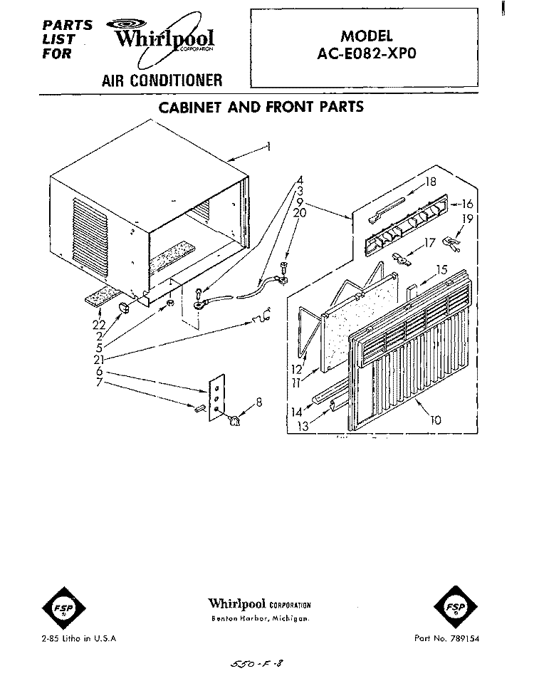 CABINET AND FRONT Diagram and Parts List for ACE082XP0  Whirlpool Air Conditioner