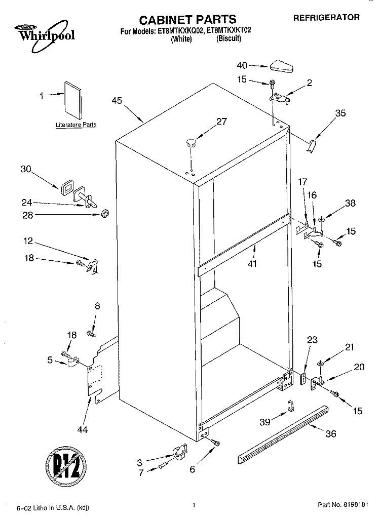 CABINET, LITERATURE Diagram and Parts List for ET8MTKXKT02  Whirlpool Refrigerator