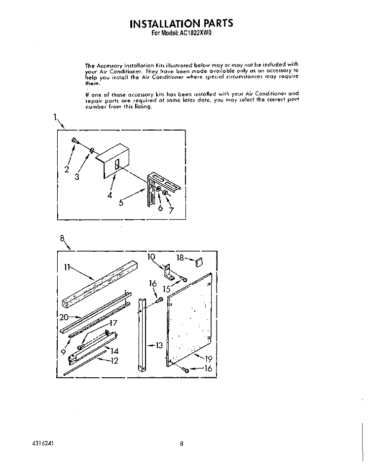 INSTALLATION Diagram and Parts List for AC1022XW0  Whirlpool Air Conditioner
