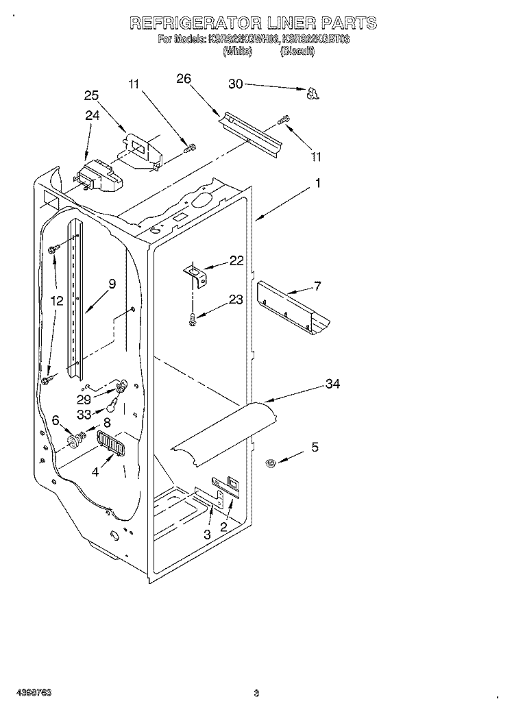 REFRIGERATOR LINER Diagram and Parts List for KSRS22KGWH03  KitchenAid Refrigerator