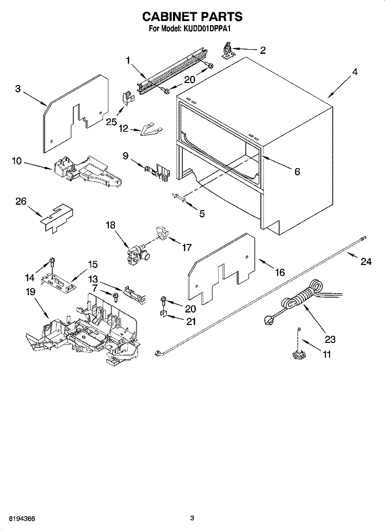 CABINET PARTS Diagram and Parts List for KUDD01DPPA1  KitchenAid Dishwasher