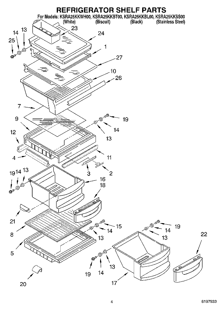 REFRIGERATOR SHELF Diagram and Parts List for KSRA25KKWH00  KitchenAid Refrigerator