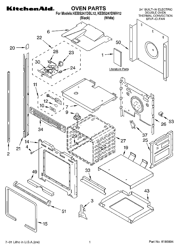 OVEN, LITERATURE Diagram and Parts List for KEBS247DBL12  KitchenAid Wall Oven