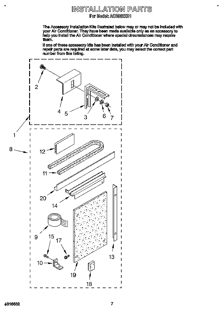 INSTALLATION Diagram and Parts List for ACE082XD1  Whirlpool Air Conditioner