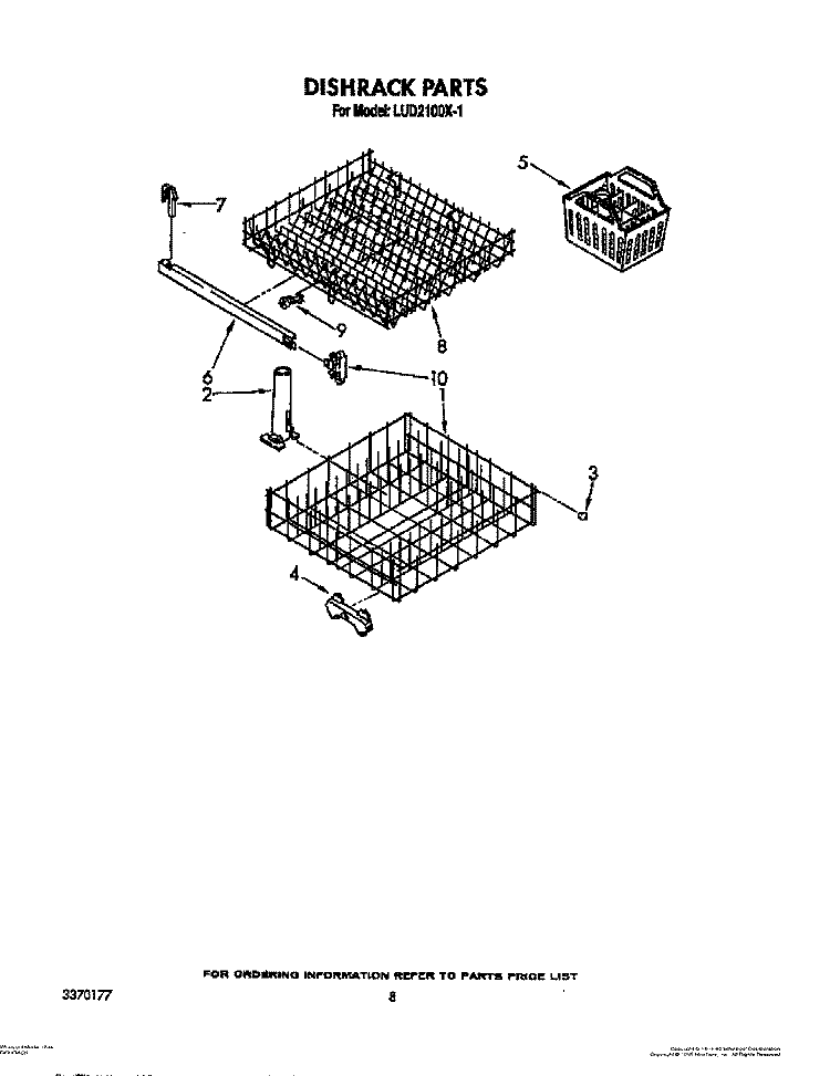 DISHRACK Diagram and Parts List for LUD2100X1  Whirlpool Dishwasher