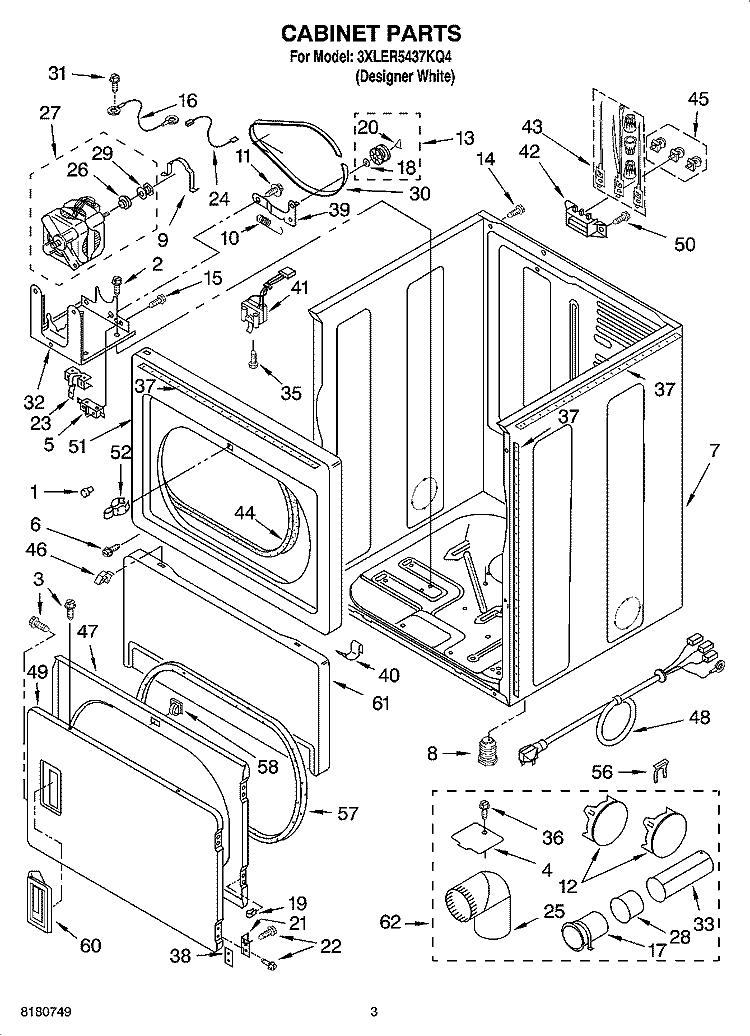 CABINET PARTS Diagram and Parts List for 3XLER5437KQ4  Whirlpool Dryer