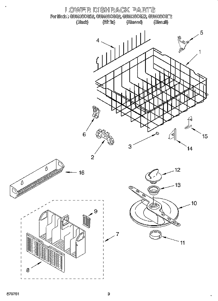 LOWER DISHRACK Diagram and Parts List for GU980SCGZ2  Whirlpool Dishwasher