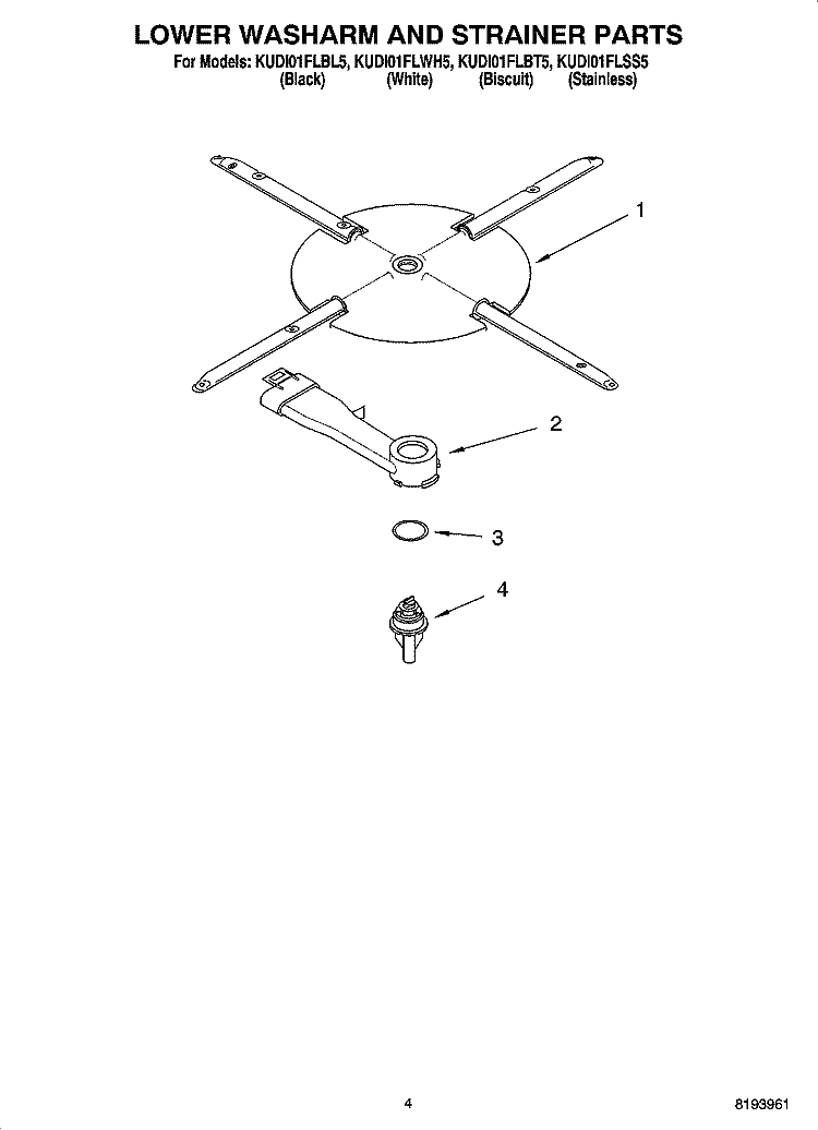 LOWER WASHARM AND STRAINER PARTS Diagram and Parts List for KUDI01FLSS5  KitchenAid Dishwasher