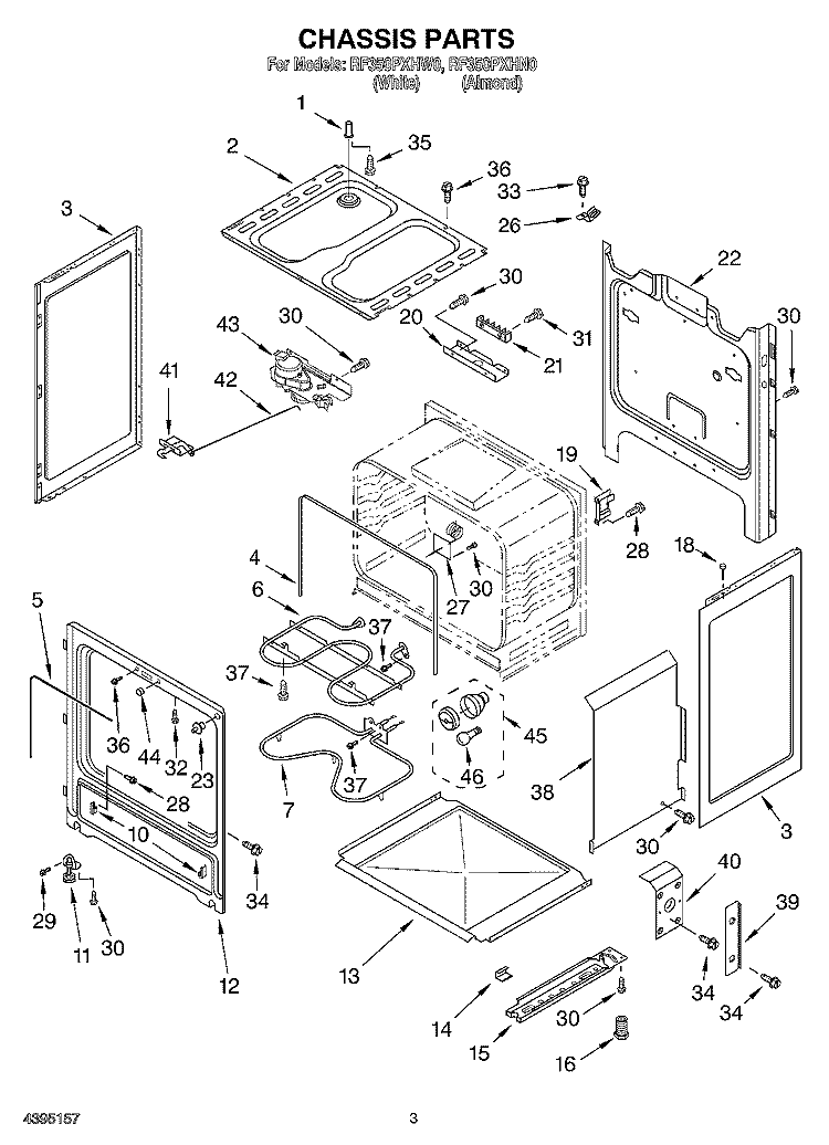 CHASSIS Diagram and Parts List for RF350PXHN0  Whirlpool Range