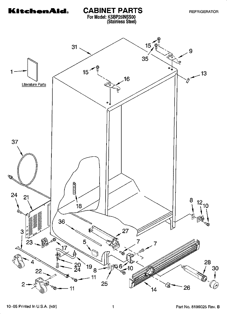 CABINET PARTS Diagram and Parts List for KSBP25INSS00  KitchenAid Refrigerator