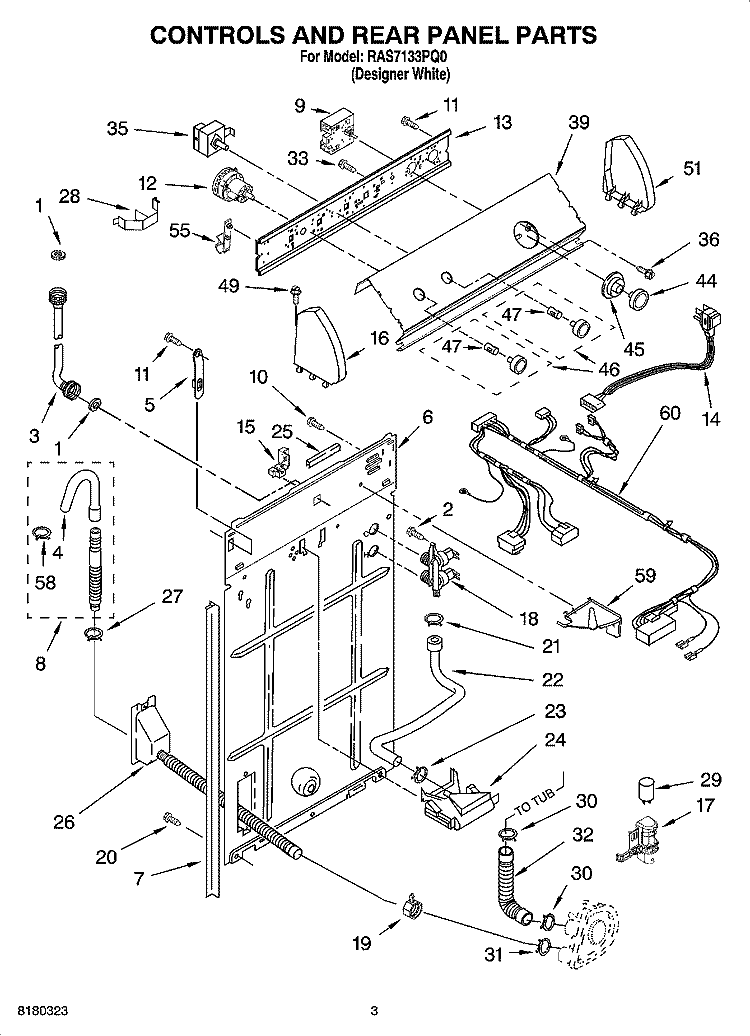 CONTROLS AND REAR PANEL PARTS Diagram and Parts List for RAS7133PQ0  Roper Washer