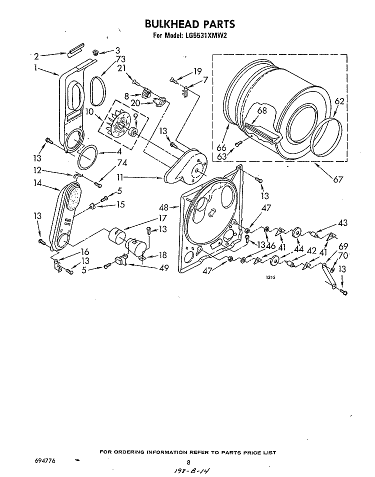 BULKHEAD Diagram and Parts List for LG5531XMW2  Whirlpool Dryer