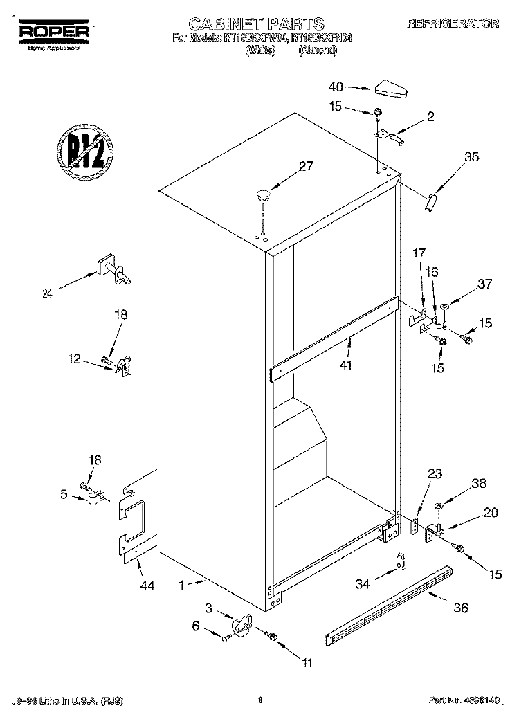 CABINET Diagram and Parts List for RT18DKXFW04  Roper Refrigerator