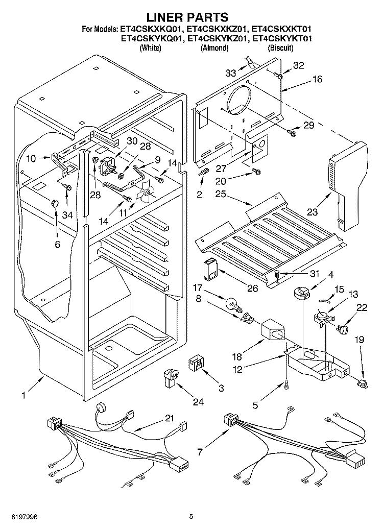 LINER Diagram and Parts List for ET4CSKYKT01  Whirlpool Refrigerator