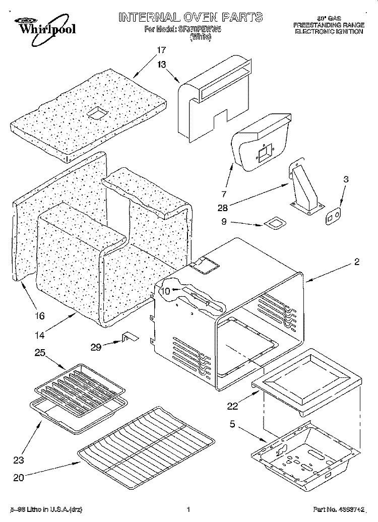INTERNAL OVEN Diagram and Parts List for SF370PEWW5  Whirlpool Range