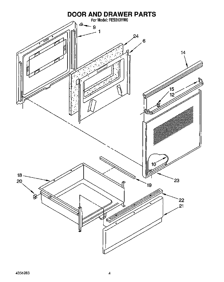 DOOR AND DRAWER Diagram and Parts List for FES310YL0  Whirlpool Range