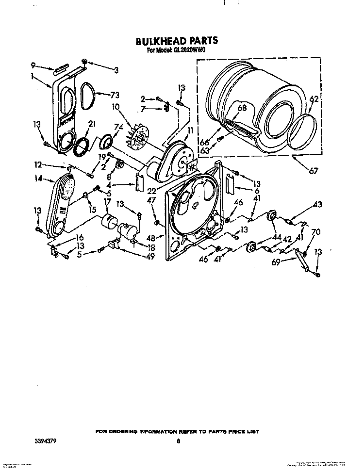 BULKHEAD Diagram and Parts List for GL2020WW0  Roper Dryer