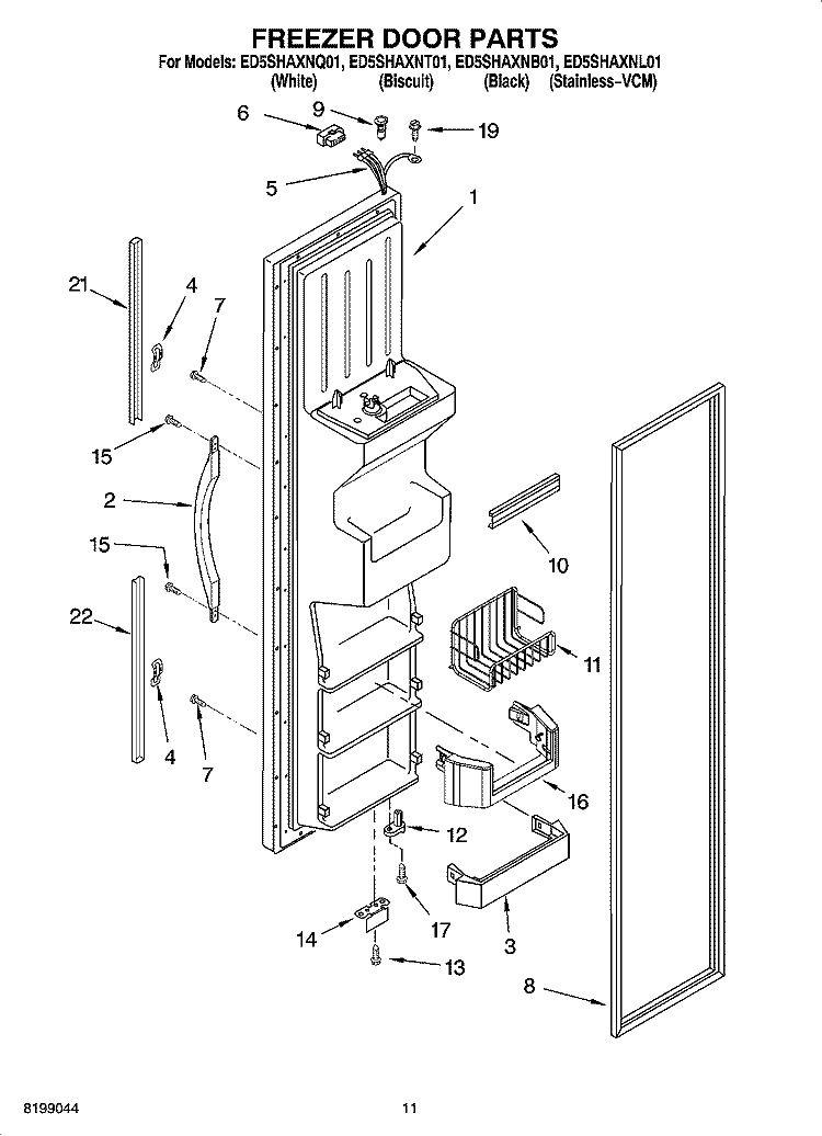 FREEZER DOOR PARTS Diagram and Parts List for ED5SHAXNT01  Whirlpool Refrigerator