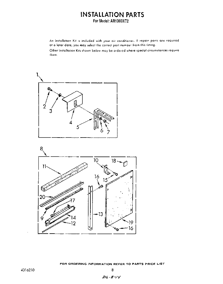INSTALLATION Diagram and Parts List for AR1000XT2  Whirlpool Air Conditioner