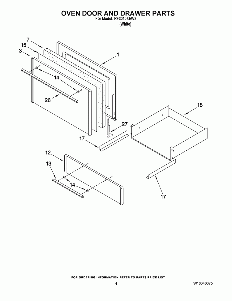 OVEN DOOR AND DRAWER PARTS Diagram and Parts List for RF3010XEW2  Whirlpool Range