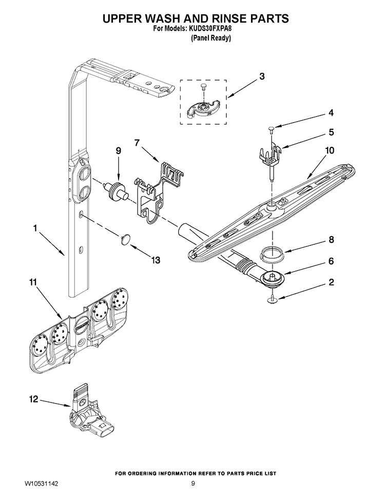 UPPER WASH AND RINSE PARTS Diagram and Parts List for KUDS30FXPA8  KitchenAid Dishwasher