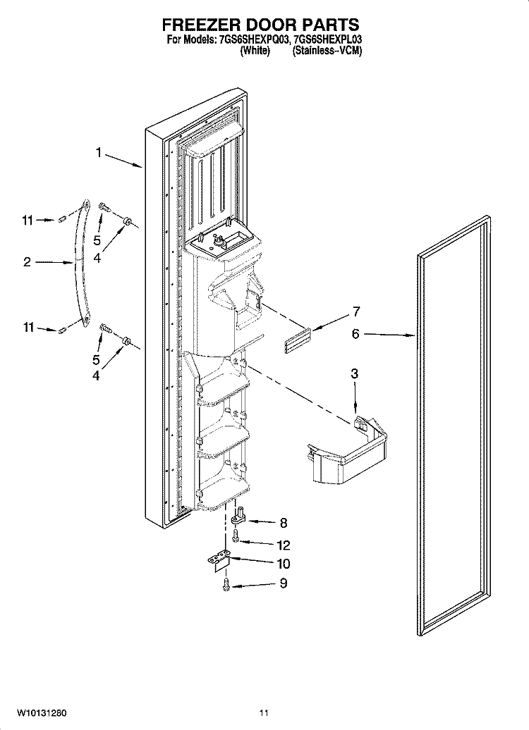 FREEZER DOOR PARTS Diagram and Parts List for 7GS6SHEXPQ03  Whirlpool Refrigerator