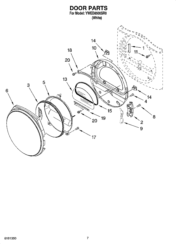 DOOR PARTS, OPTIONAL PARTS (NOT INCLUDED) Diagram and Parts List for YWED8500SR0  Whirlpool Dryer