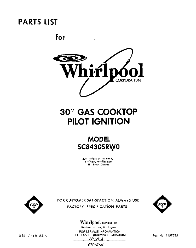 SECTION Diagram and Parts List for SC8430SRW0  Whirlpool Cooktop