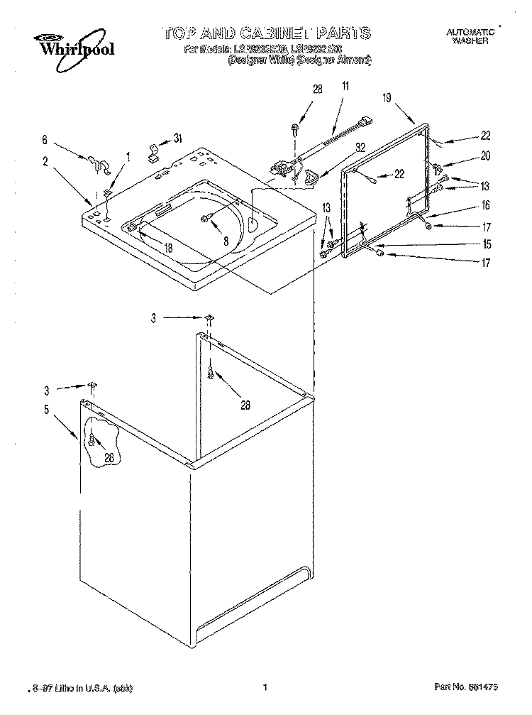 TOP AND CABINET Diagram and Parts List for LSR8233EQ0  Whirlpool Washer