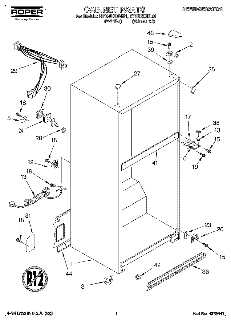 CABINET Diagram and Parts List for RT16DKXBW01  Roper Refrigerator