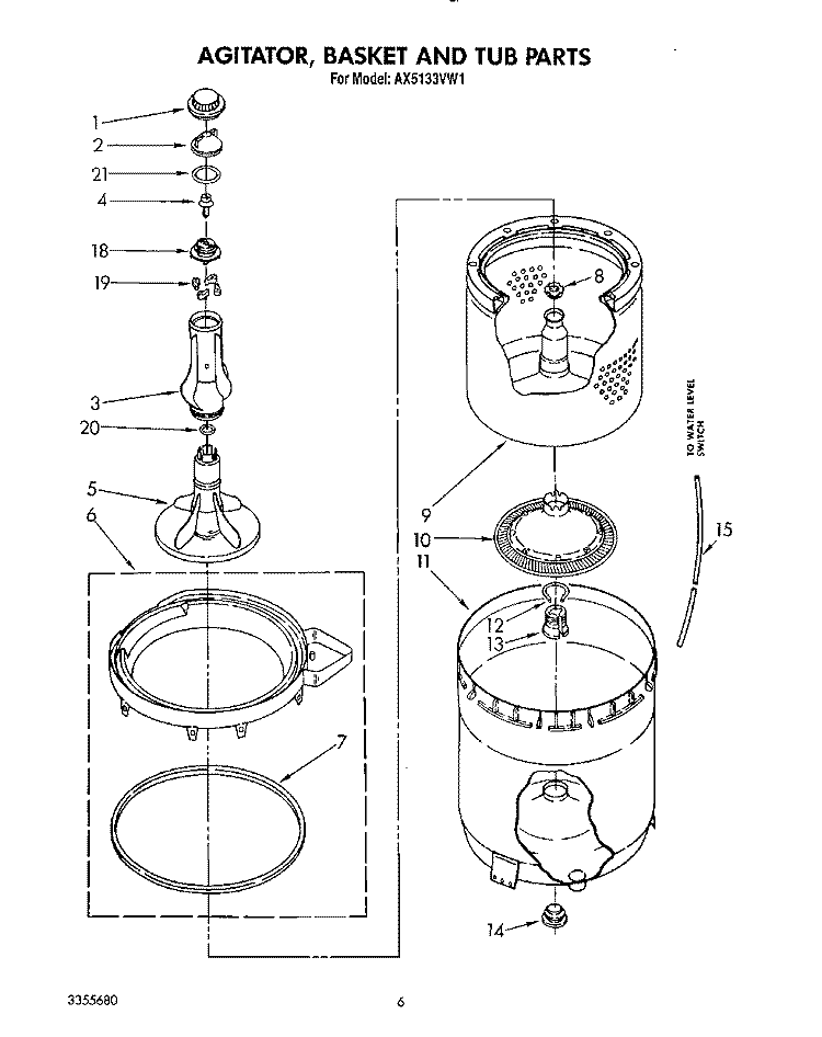 AGITATOR, BASKET AND TUB Diagram and Parts List for AX5133VG1  Whirlpool Washer