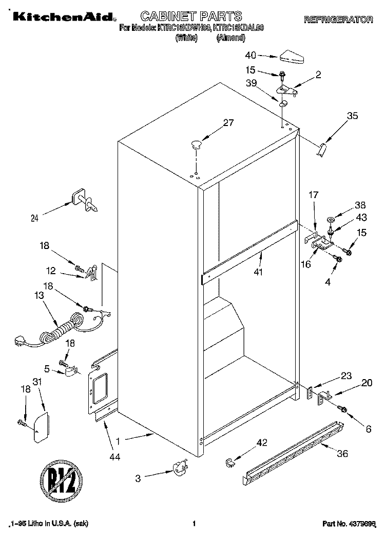 CABINET Diagram and Parts List for KTRC18KDWH00  KitchenAid Refrigerator