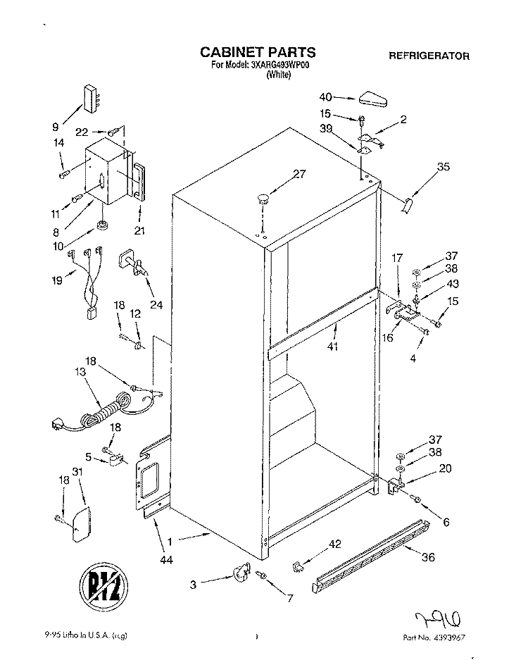 CABINET Diagram and Parts List for 3XARG493WP00  Whirlpool Refrigerator