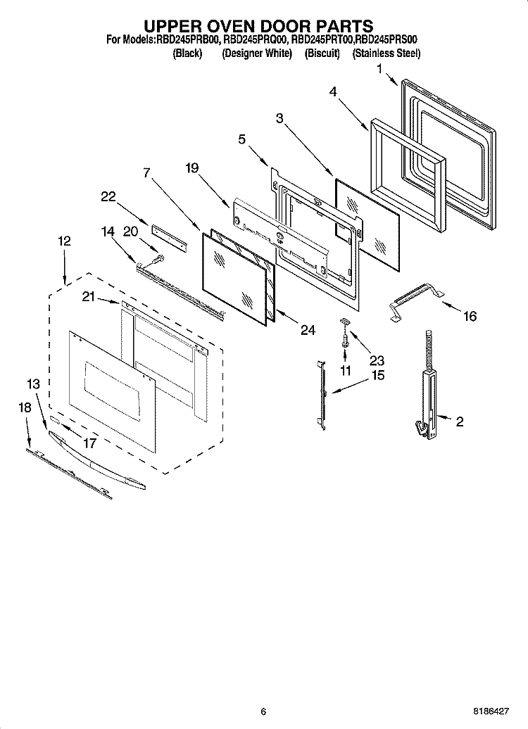 UPPER OVEN DOOR PARTS Diagram and Parts List for RBD245PRT00  Whirlpool Wall Oven