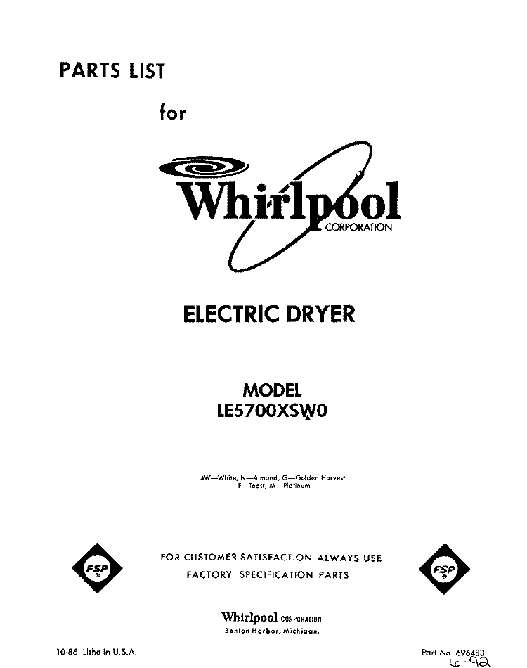 SECTION Diagram and Parts List for LE5700XSW0  Whirlpool Dryer